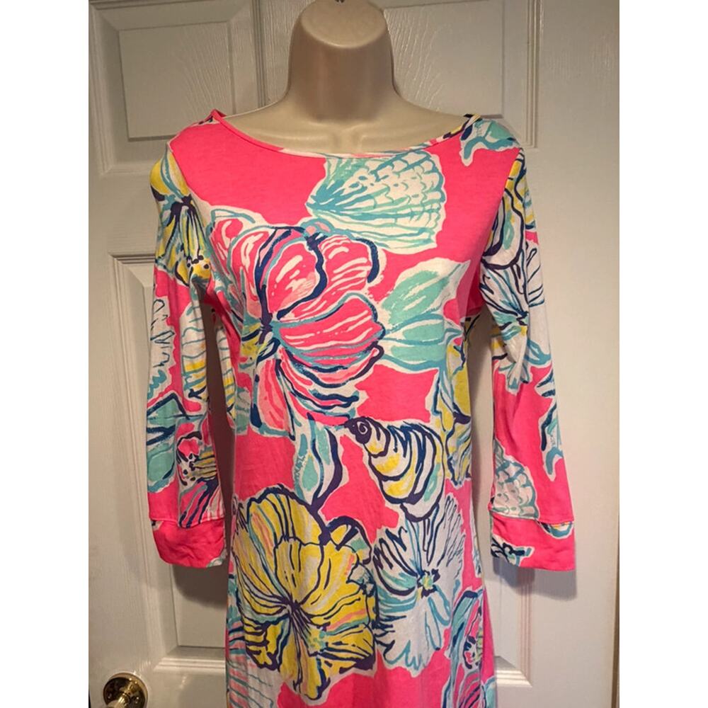 Lilly Pulitzer‎ Pink Floral Pima Cotton Boat Neck Sheath Dress Womens Small